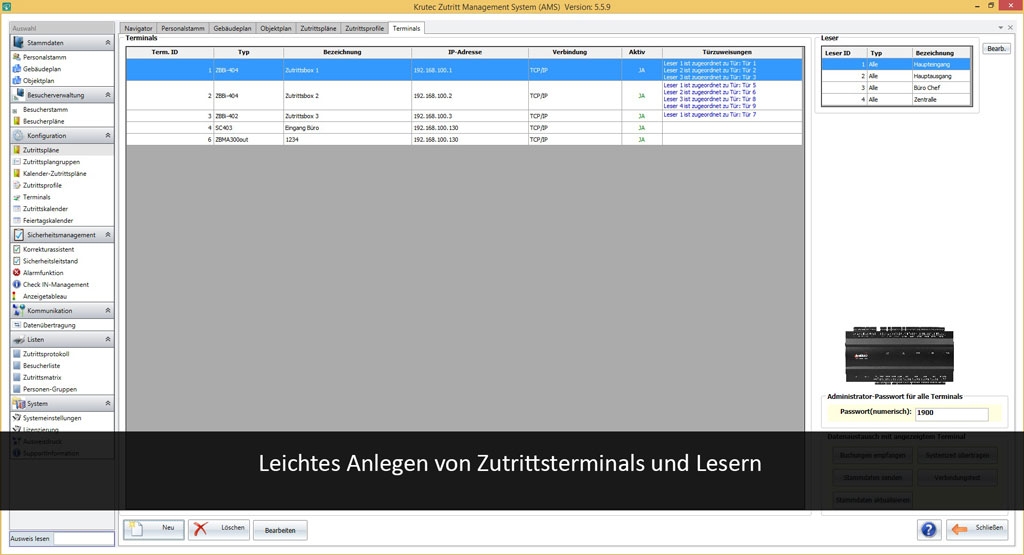 Access control software with device ZB SC 403 and LE 100 from 50 employees up to 9 readers